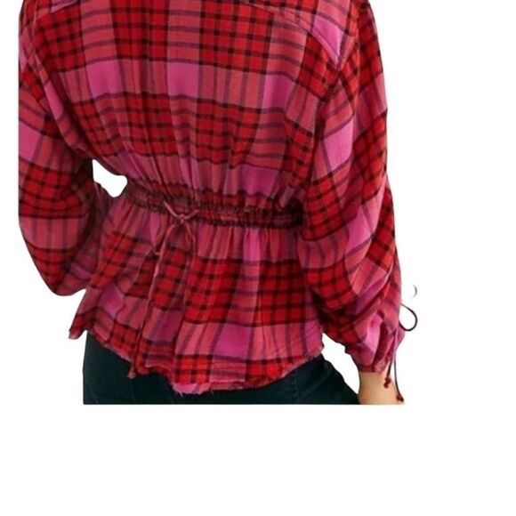 WE THE FREE Pacific Dawn Plaid Shirt Red Pink Cinch Waist Tie Back Size Large - Picture 10 of 16
